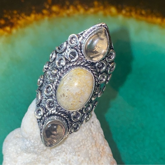 Indonesian Sea Fossil Coral + Smoky Quartz  vintage handcrafted ring - Picture 5 of 12